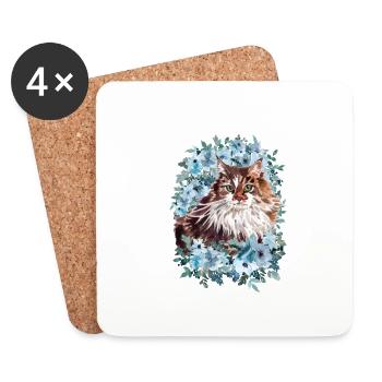 Norwegische Waldkatze mit Blumen - Aquarell - Untersetzer (4er-Set) - Weiß - Vorne