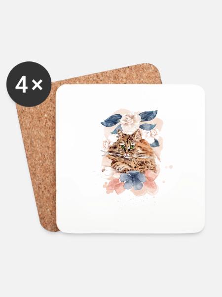 Sibirische Katze mit Blumen - Aquarell - Untersetzer (4er-Set) - Weiß