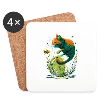 Fantasy Cat Playing with Gold Fish - Coasters (set of 4) - white - Front