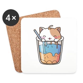 Kawaii Süße Glückliche bunte Katze Trinken Bubble Tea - Untersetzer (4er-Set) - Weiß - Vorne
