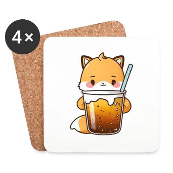 Kawaii mignon heureux renard coloré buvant du thé à bulles - Dessous de verre (lot de 4) - blanc - Devant