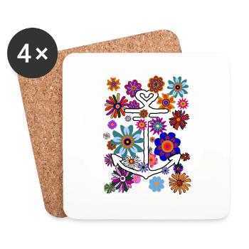 Tropical Look Anker Blumen und Blüten - Untersetzer (4er-Set) - Weiß - Vorne