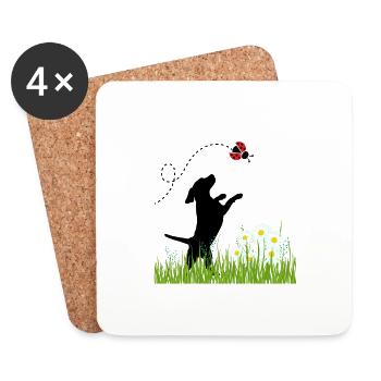 Spring design - dog, meadow and ladybug - Coasters (set of 4) - white - Front