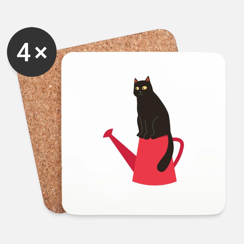Frühlingsdesign - schwarze Katze auf Gießkanne - Untersetzer (4er-Set) - Weiß
