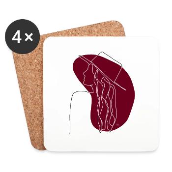 "Lady with Hat", Boho Line Art Design, "Faces" - Coasters (set of 4) - white - Front