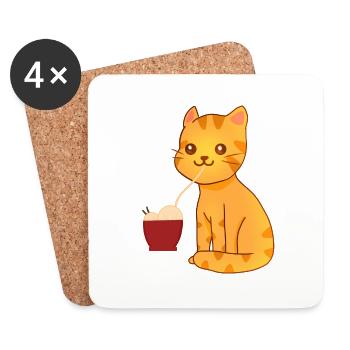 Kawaii Orange Cat eating Ramen - Coasters (set of 4) - white - Front