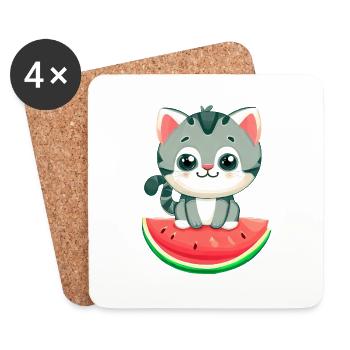 Süße Katze mit Wassermelone - Kawaii Design - Untersetzer (4er-Set) - Weiß - Vorne