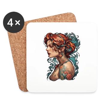 Woman / pretty / portrait / tattoo / model - Coasters (set of 4) - white - Front