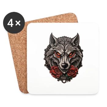 Gothic Wolf Rosen Illustration - Mystische Tierwelt - Untersetzer (4er-Set) - Weiß - Vorne