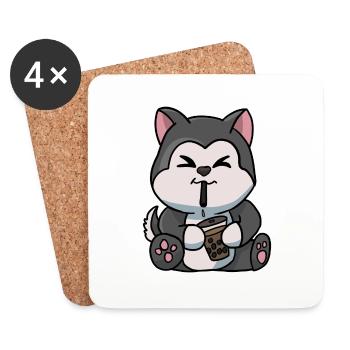 Anime Kawaii Bubble Tea Drinking Husky Hand Drawn - Coasters (set of 4) - white - Front