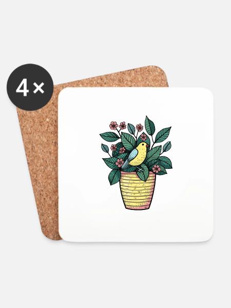 Vogel im Blumentopf - Stilzeichnung - Untersetzer (4er-Set) - Weiß