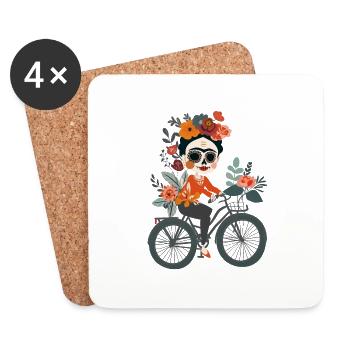 Woman on Bike Skull Art with Flowers - Untersetzer (4er-Set) - Weiß - Vorne