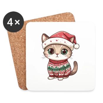 Katze Weihnachten Comic - Untersetzer (4er-Set) - Weiß - Vorne
