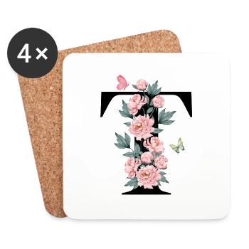 Lettre t fleurs rose - Dessous de verre (lot de 4) - blanc - Devant