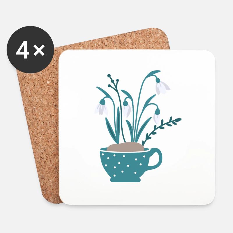 Schneeglöckchen in Tasse, farbig - Untersetzer (4er-Set) - Weiß