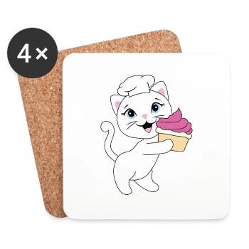 Cute white cat carries a cupcake - Coasters (set of 4) - white - Front