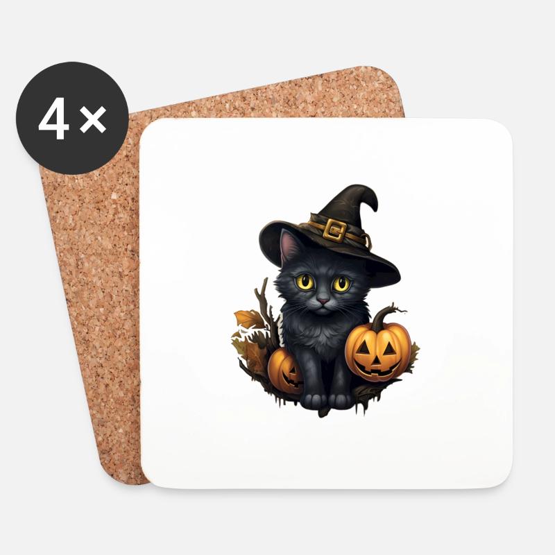 Halloween schwarzer Kater mit Hut und Kürbis - Untersetzer (4er-Set) - Weiß