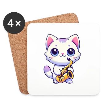 Adorable chat avec graphique de saxophone - Dessous de verre (lot de 4) - blanc - Devant