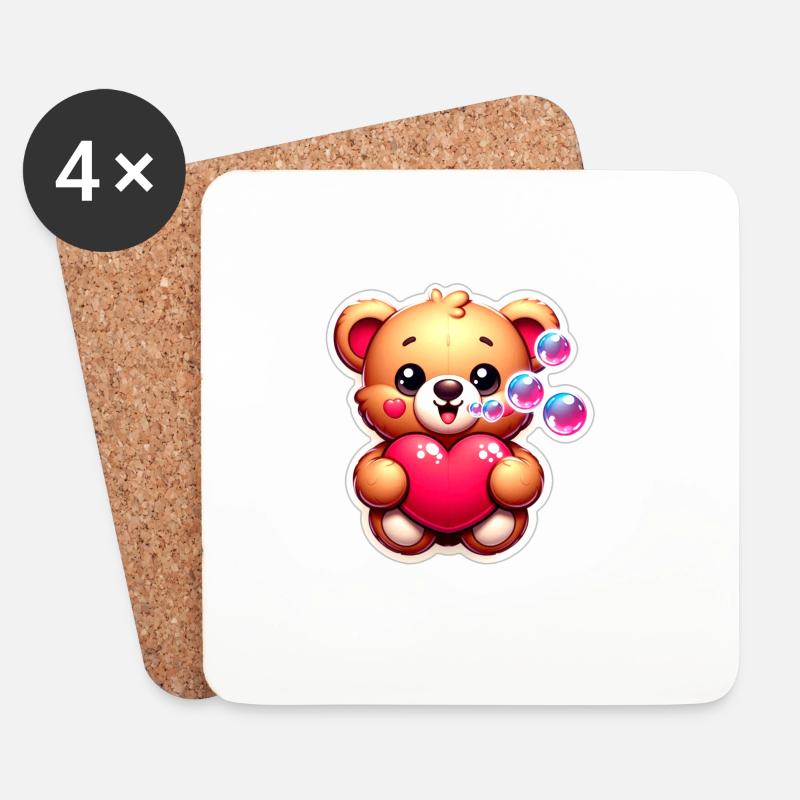 Teddybär mit Herz und Seifenblasen - Untersetzer (4er-Set) - Weiß