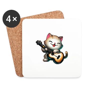 Katze mit Gitarre - Untersetzer (4er-Set) - Weiß - Vorne