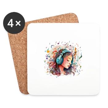 Fille avec des écouteurs écoutant de la musique 2 - Dessous de verre (lot de 4) - blanc - Devant