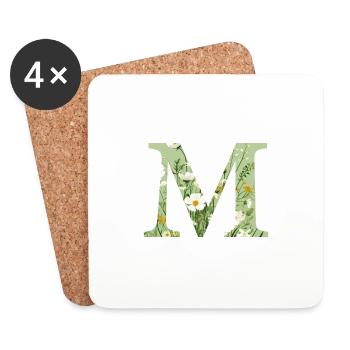 Lettre M, Monogramme, Motif Floral - Dessous de verre (lot de 4) - blanc - Devant