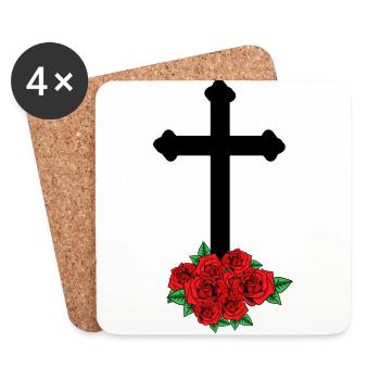 Roses Mourning Death Cross Funeral Beyond Grave - Coasters (set of 4) - white - Front