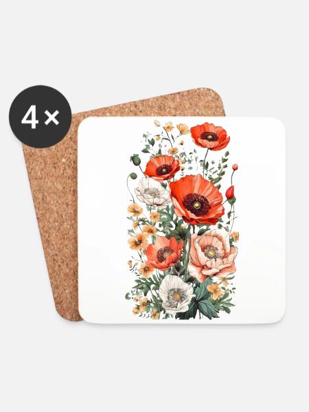 Wunderschönes Boho Mohn Herbarium Bouquet - Untersetzer (4er-Set) - Weiß