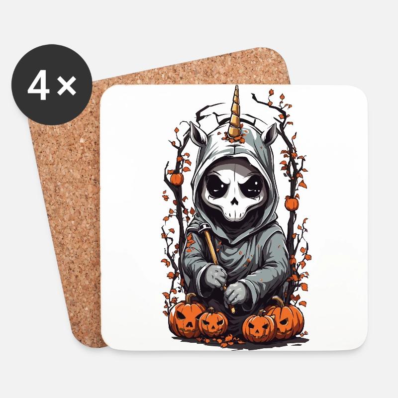 Kawaii Einhorn Sensenmann Halloween Zauber - Untersetzer (4er-Set) - Weiß