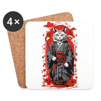 Chat samouraï kawaii rétro style ukiyo-e japon - Dessous de verre (lot de 4) - blanc - Devant