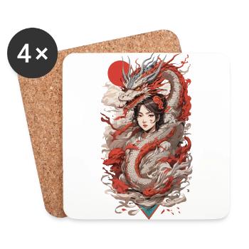 Drachen Anime Girl Retro Ukiyo-e Style - Untersetzer (4er-Set) - Weiß - Vorne