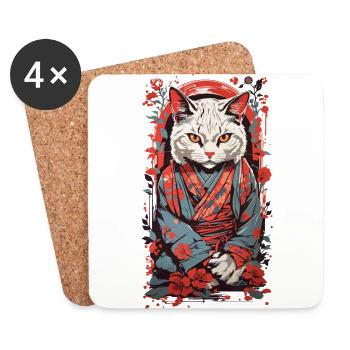 Ukiyo-e Cat Streetwear Retro Cat Design - Coasters (set of 4) - white - Front