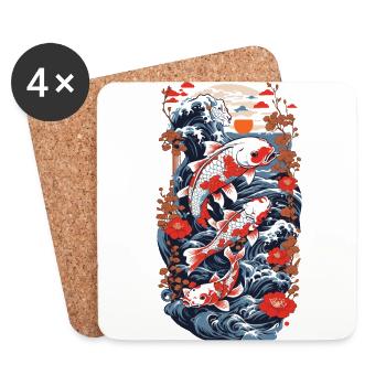 Carpe koï avec des fleurs d’eau Style artistique Ukiyo-E - Dessous de verre (lot de 4) - blanc - Devant