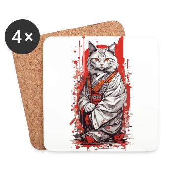 Japanese Kimono Cat Ukiyo-E Style - Coasters (set of 4) - white - Front
