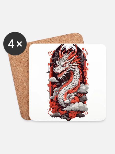 Feuer Drache Japan Ukiyo-E Otaku Kunststil - Untersetzer (4er-Set) - Weiß
