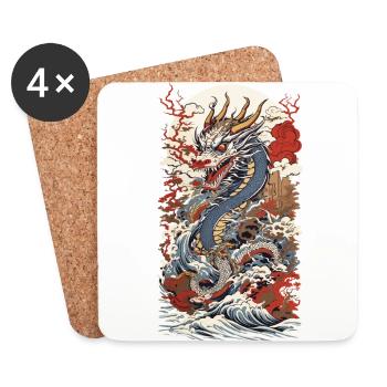 Japanischer Vintage Drachen Ukiyo-E Streetwear - Untersetzer (4er-Set) - Weiß - Vorne