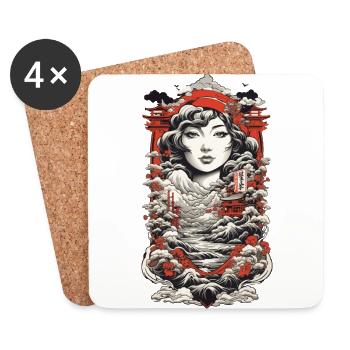 Ukiyo-E Asiatische Landschaft Vintage Kanji - Untersetzer (4er-Set) - Weiß - Vorne