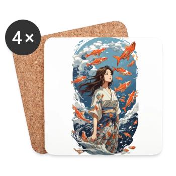 Kimono esthétique japonaise Koi Girl Design - Dessous de verre (lot de 4) - blanc - Devant