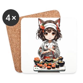 Kawaii Cat Girl Sushi Kemonomimi Anime Design - Dessous de verre (lot de 4) - blanc - Devant