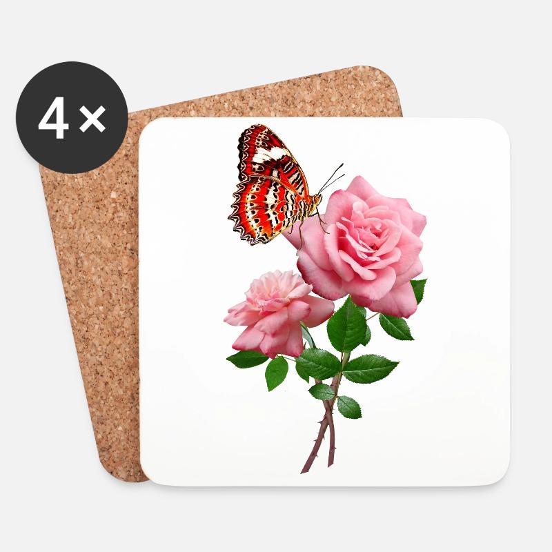 Rose Mit Schönem Roten Schmetterling - Untersetzer (4er-Set) - Weiß