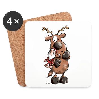 Rentier knuddelt Weihnachtsmann - Untersetzer (4er-Set) - Weiß - Vorne