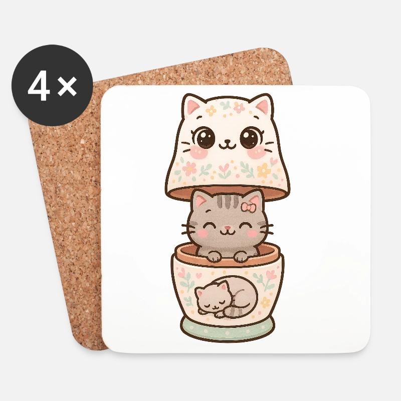 Kawaii Matroschka Katze - Untersetzer (4er-Set) - Weiß