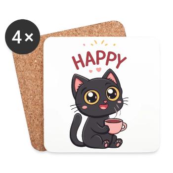 Chat Noir Kawaii Café Avec Tasse Rose - Dessous de verre (lot de 4) - blanc - Devant