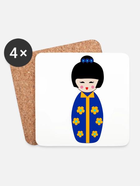 Blumige blaue japanische Kokeshi-Puppe - Untersetzer (4er-Set) - Weiß