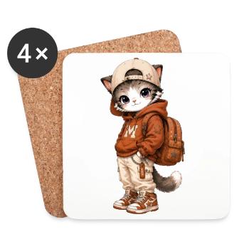 Cat Streetwear orangefarbener Hoodie - Untersetzer (4er-Set) - Weiß - Vorne