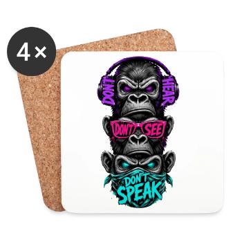 Three monkeys hear nothing see say neon - Coasters (set of 4) - white - Front