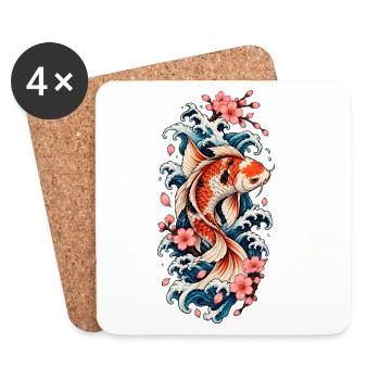 Koi in Wellen und Sakura - Untersetzer (4er-Set) - Weiß - Vorne