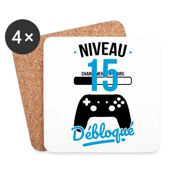 Anniversaire 15 ans - Niveau 15 débloqué - Gamer - Dessous de verre (lot de 4) - blanc - Devant