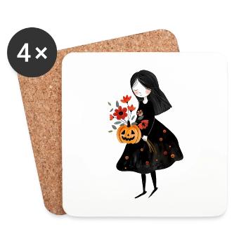 Cute Halloween Girl with Flowers and Pumpkin - Untersetzer (4er-Set) - Weiß - Vorne