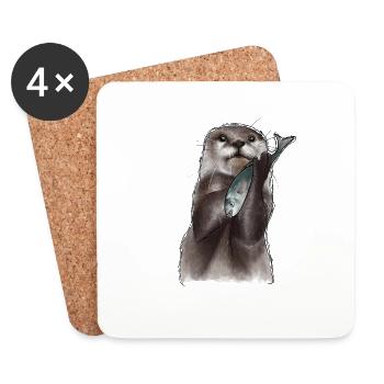 Loutre et poissons d’aquarelle - Dessous de verre (lot de 4) - blanc - Devant